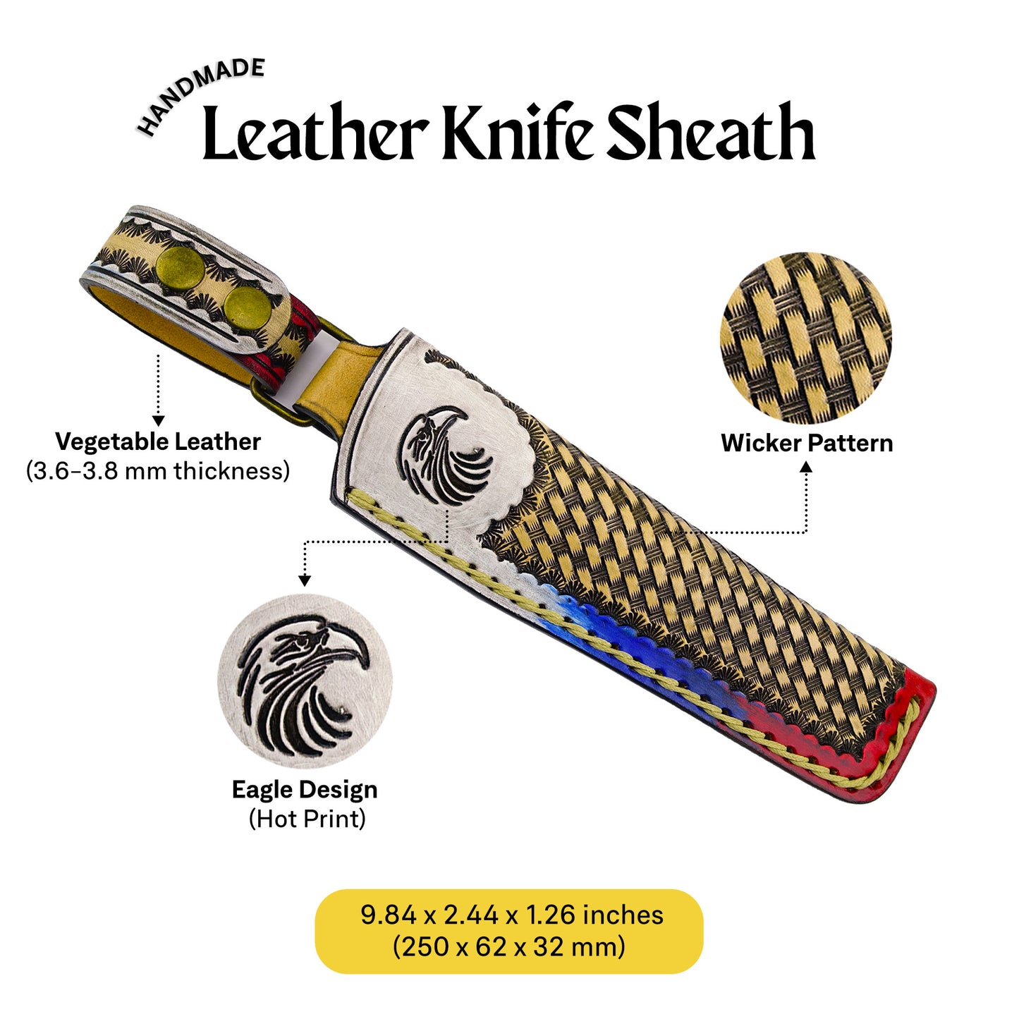 Handmade Leather Knife Sheath – Premium Vegetable-Tanned Leather with Wicker Pattern & Eagle Design