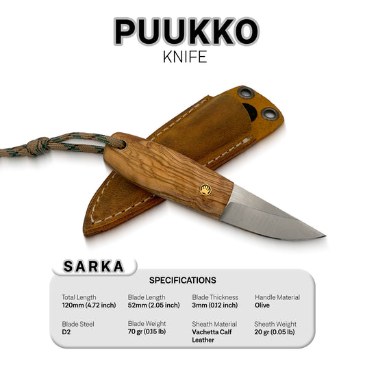 Sarka - Traditional Finnish Puukko Knife with Olive Handle & Leather Sheath